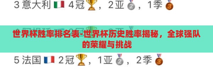 世界杯胜率排名表-世界杯历史胜率揭秘，全球强队的荣耀与挑战